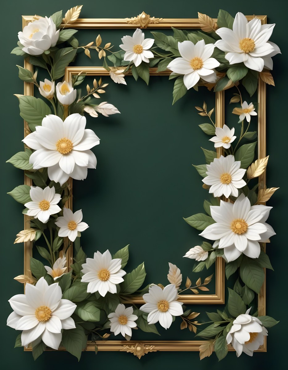 3d Model A White Floral Frame With Gold Accents On A Dark Green Background Featuring Large White Flowers Leaves And Geometric Patterns Figure Octane Render Volumetric Highly Detailed Videogame Aesthetic 4 Ca0c