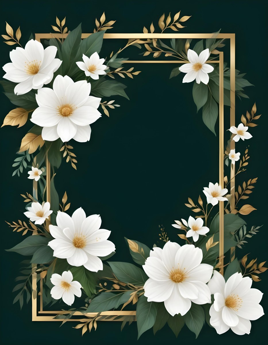 3d Model A White Floral Frame With Gold Accents On A Dark Green Background Featuring Large White Flowers Leaves And Geometric Patterns Figure Octane Render Volumetric Highly Detailed Videogame Aesthetic 45 883f