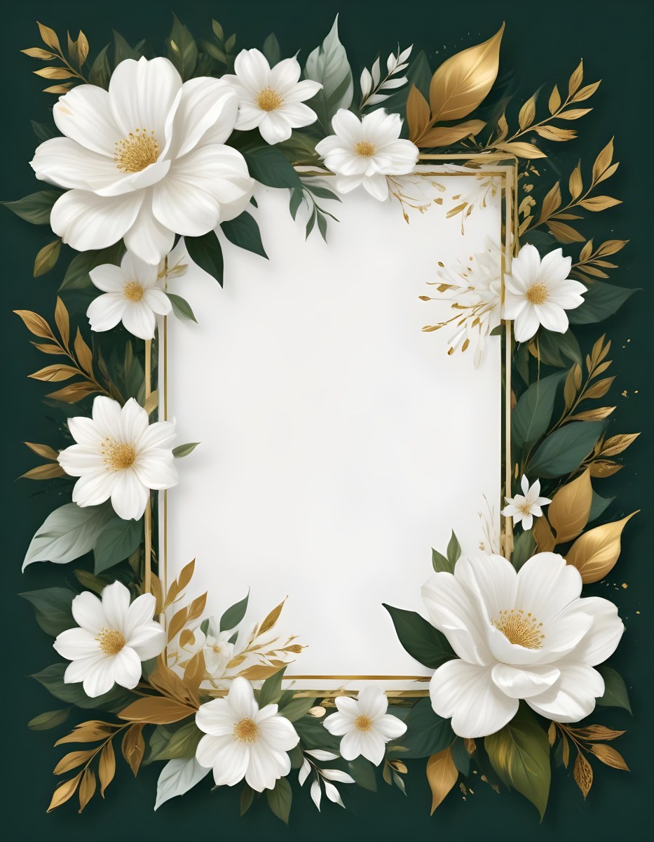 3d Model A White Floral Frame With Gold Accents On A Dark Green Background Featuring Large White Flowers Leaves And Geometric Patterns Figure Octane Render Volumetric Highly Detailed Videogame Aesthetic 49 B54b