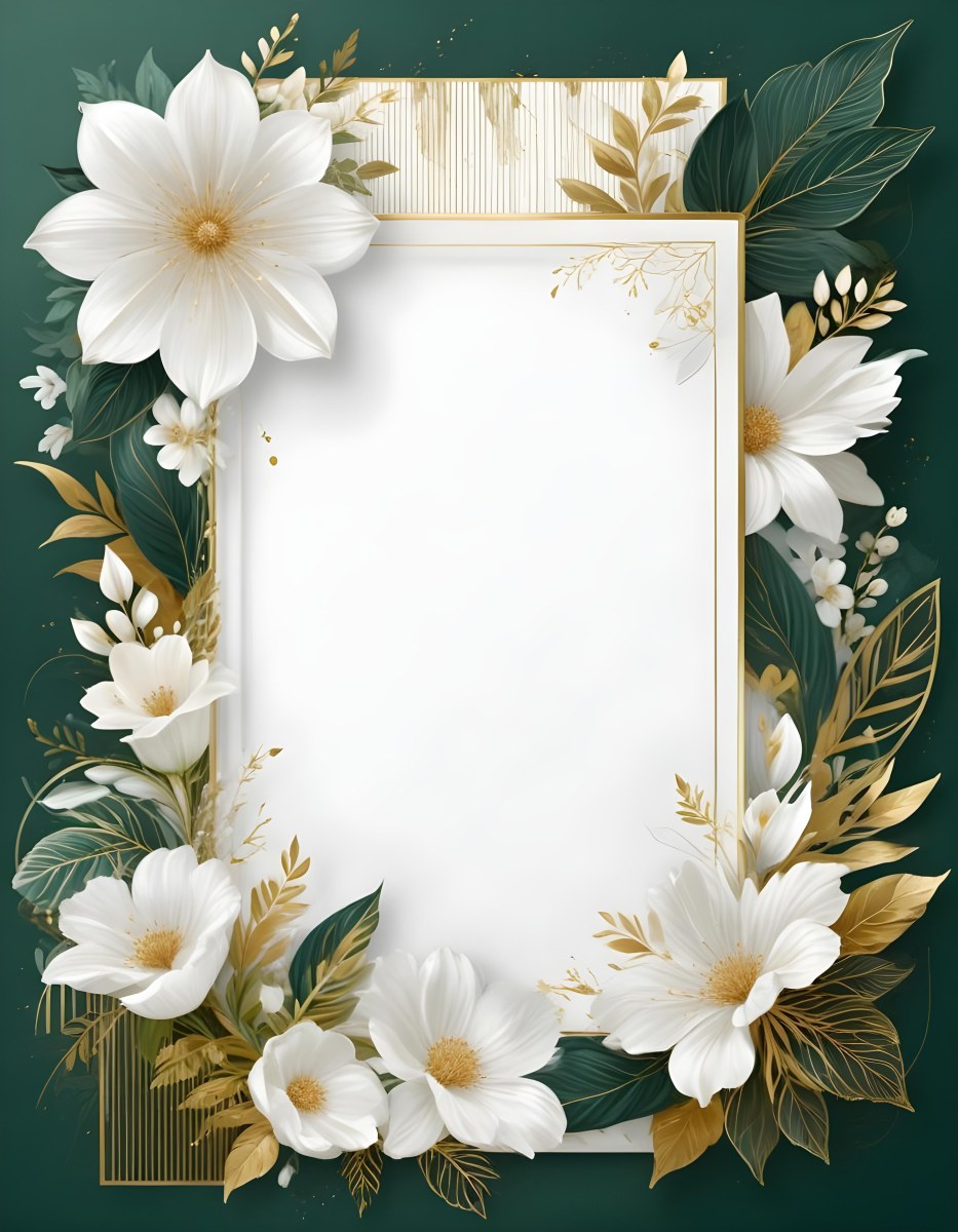 3d Model A White Floral Frame With Gold Accents On A Dark Green Background Featuring Large White Flowers Leaves And Geometric Patterns Figure Octane Render Volumetric Highly Detailed Videogame Aesthetic 50 71e4
