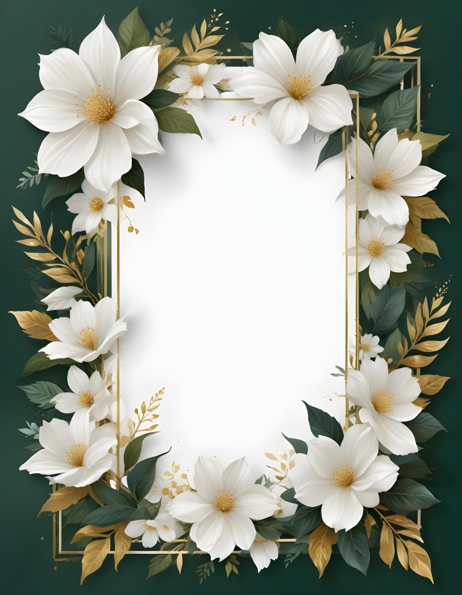 3d Model A White Floral Frame With Gold Accents On A Dark Green Background Featuring Large White Flowers Leaves And Geometric Patterns Figure Octane Render Volumetric Highly Detailed Videogame Aesthetic 51 E7e8
