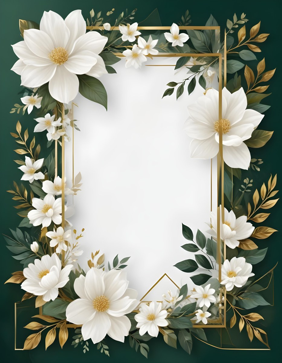 3d Model A White Floral Frame With Gold Accents On A Dark Green Background Featuring Large White Flowers Leaves And Geometric Patterns Figure Octane Render Volumetric Highly Detailed Videogame Aesthetic 53 84d8