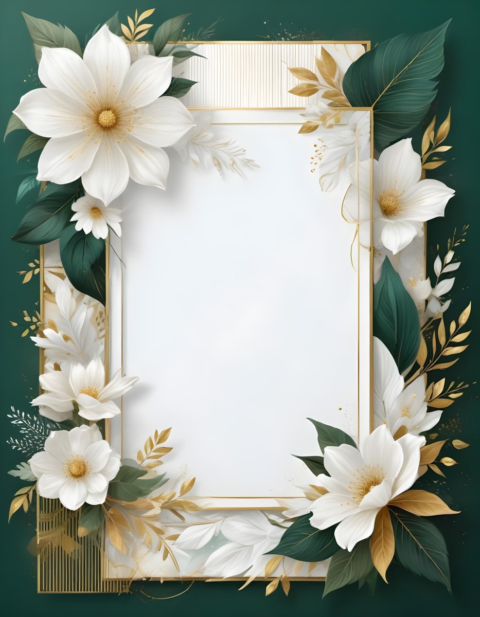 3d Model A White Floral Frame With Gold Accents On A Dark Green Background Featuring Large White Flowers Leaves And Geometric Patterns Figure Octane Render Volumetric Highly Detailed Videogame Aesthetic 54 C5f9