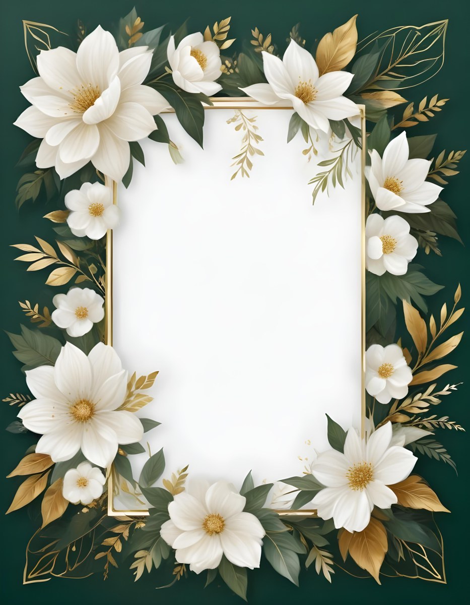 3d Model A White Floral Frame With Gold Accents On A Dark Green Background Featuring Large White Flowers Leaves And Geometric Patterns Figure Octane Render Volumetric Highly Detailed Videogame Aesthetic 57 6296