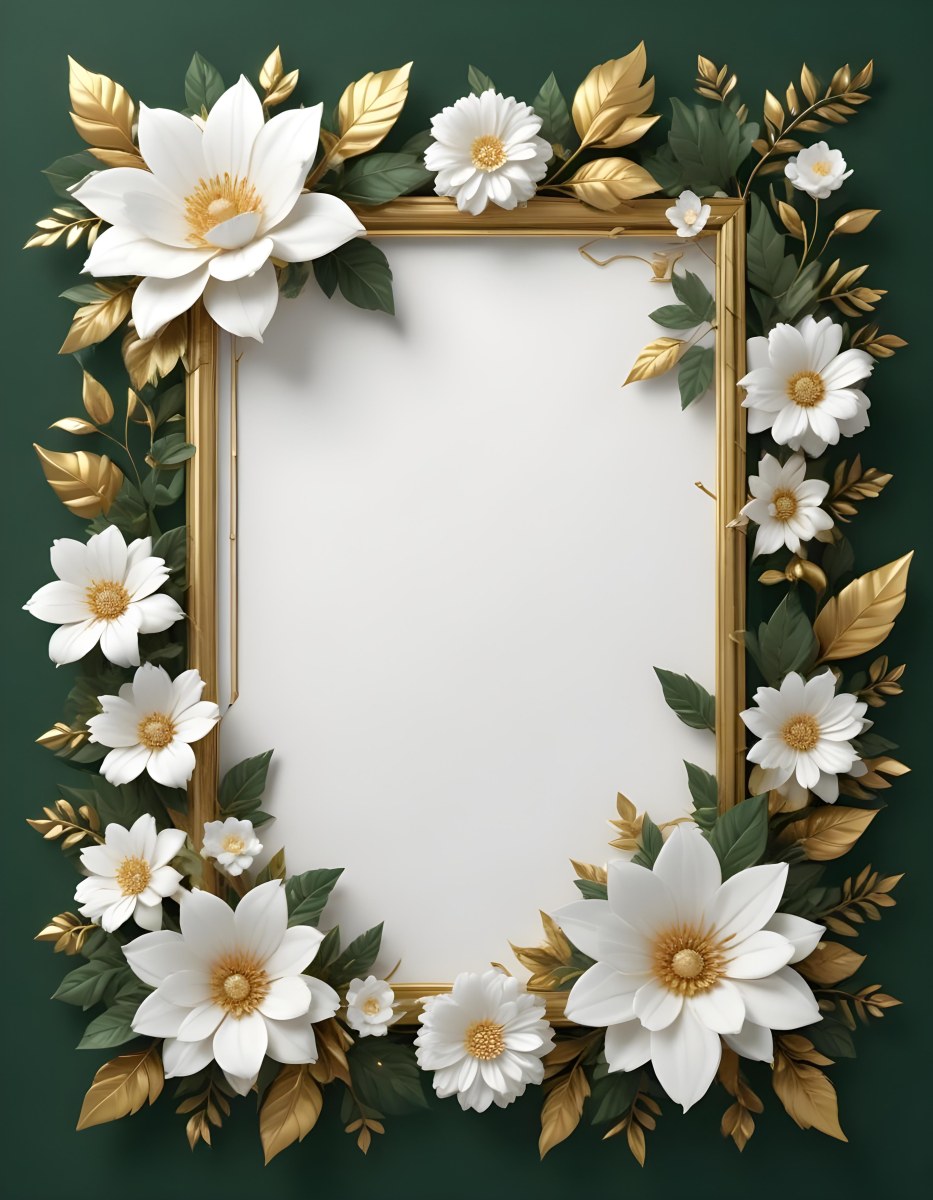 3d Model A White Floral Frame With Gold Accents On A Dark Green Background Featuring Large White Flowers Leaves And Geometric Patterns Figure Octane Render Volumetric Highly Detailed Videogame Aesthetic 58 A1ef