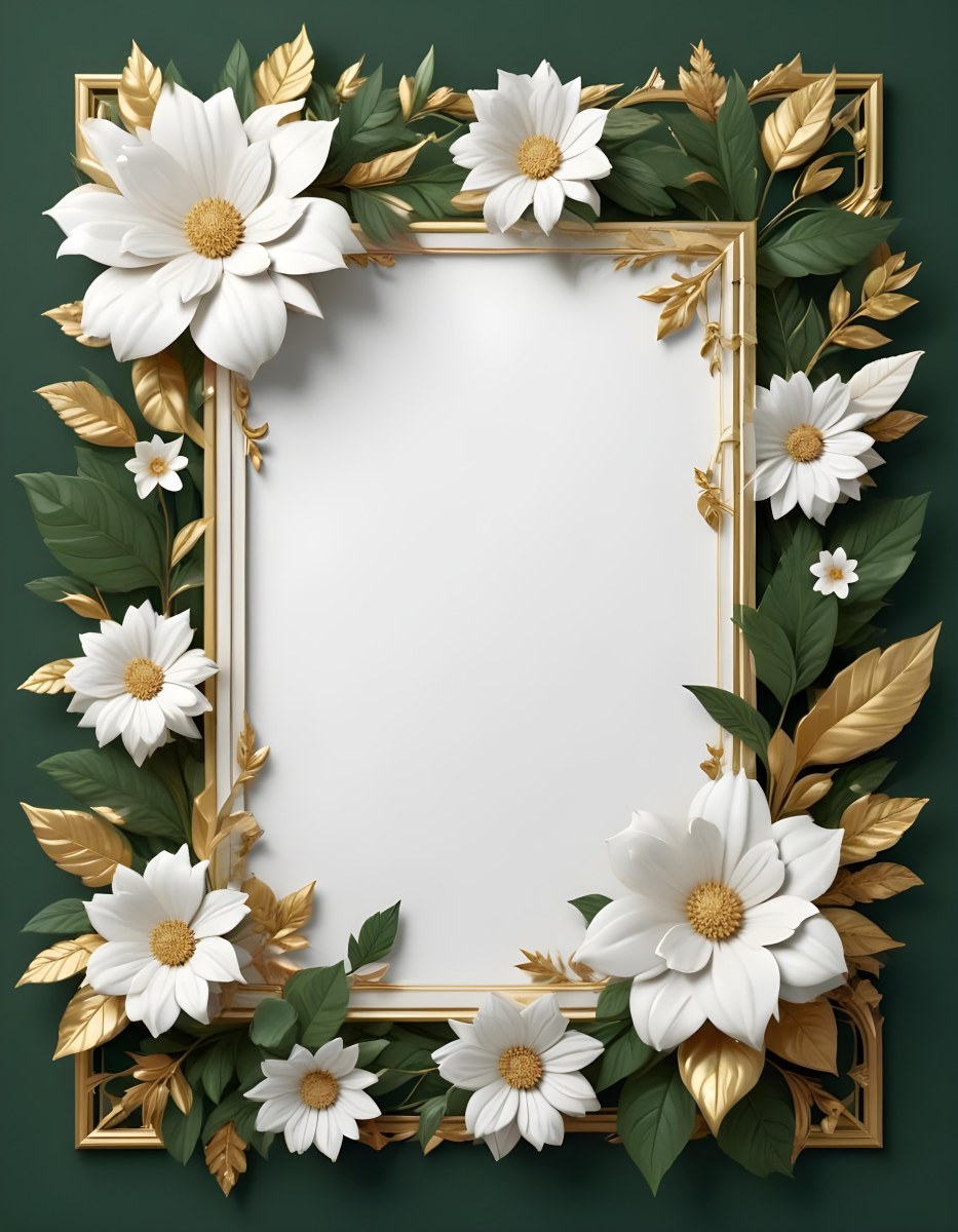 3d Model A White Floral Frame With Gold Accents On A Dark Green Background Featuring Large White Flowers Leaves And Geometric Patterns Figure Octane Render Volumetric Highly Detailed Videogame Aesthetic 6 F008