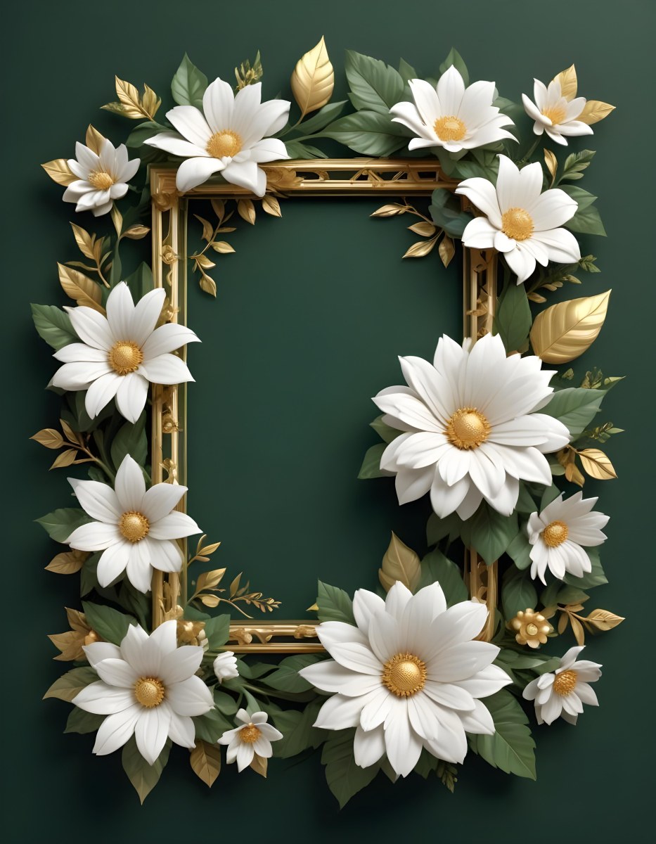 3d Model A White Floral Frame With Gold Accents On A Dark Green Background Featuring Large White Flowers Leaves And Geometric Patterns Figure Octane Render Volumetric Highly Detailed Videogame Aesthetic 7 E678