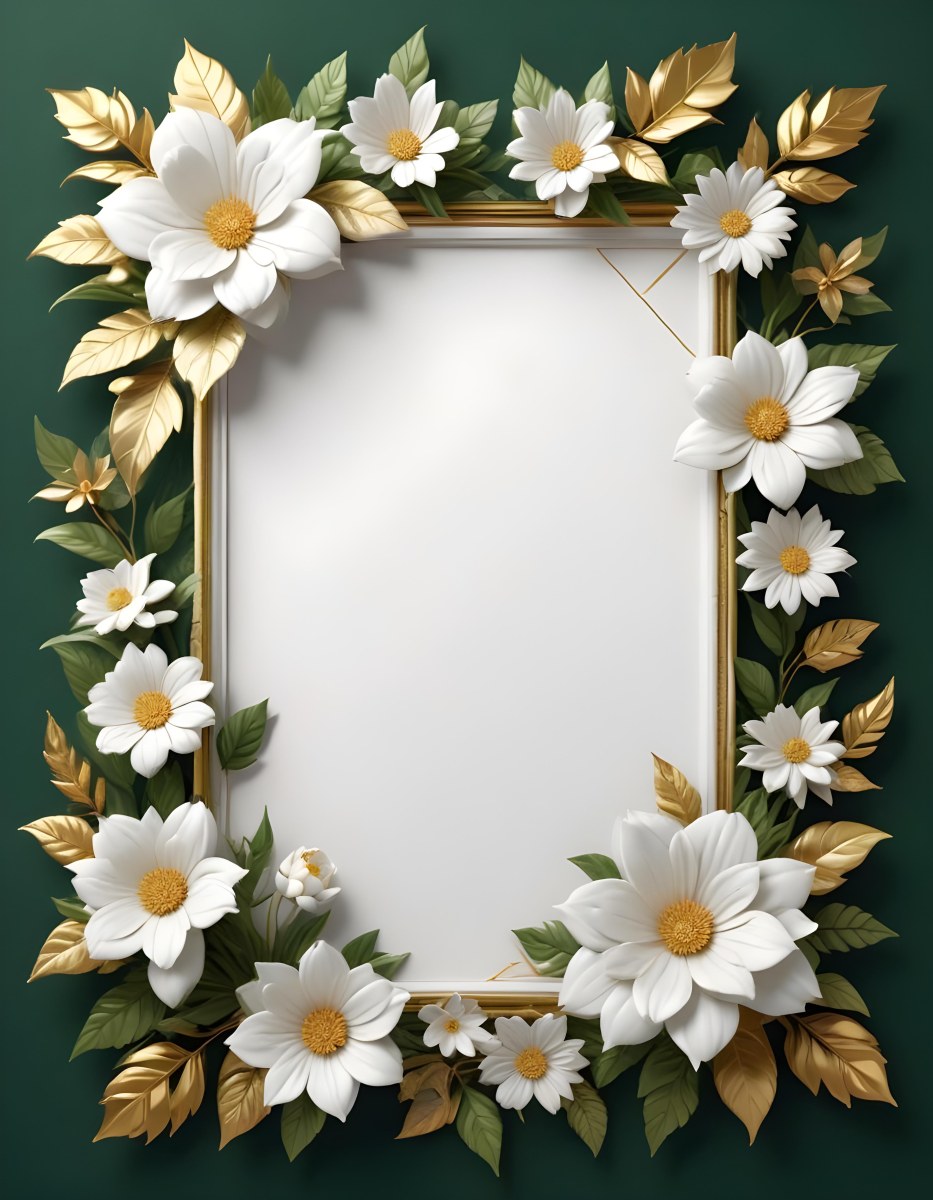 3d Model A White Floral Frame With Gold Accents On A Dark Green Background Featuring Large White Flowers Leaves And Geometric Patterns Figure Octane Render Volumetric Highly Detailed Videogame Aesthetic 8 661f