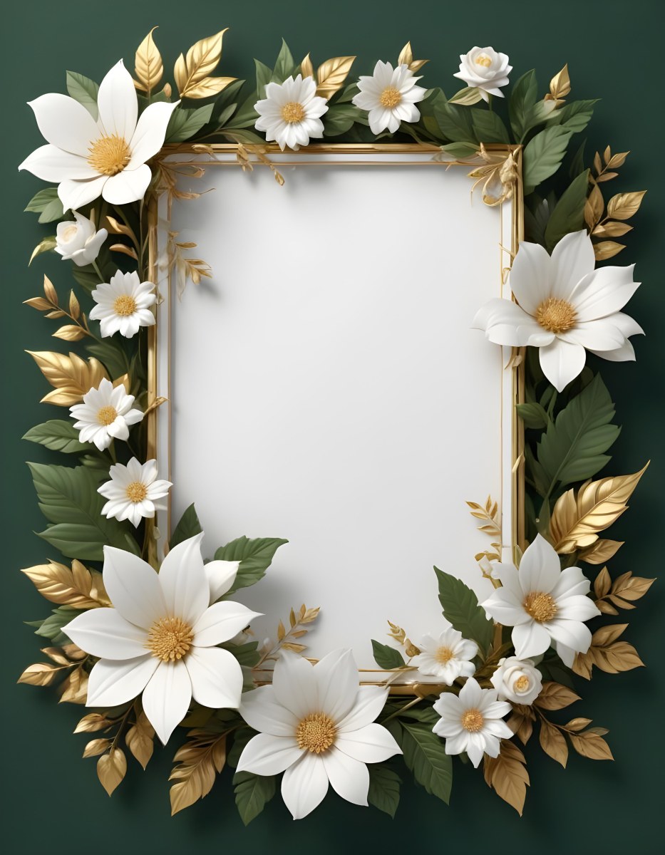 3d Model A White Floral Frame With Gold Accents On A Dark Green Background Featuring Large White Flowers Leaves And Geometric Patterns Figure Octane Render Volumetric Highly Detailed Videogame Aesthetic 9 2466