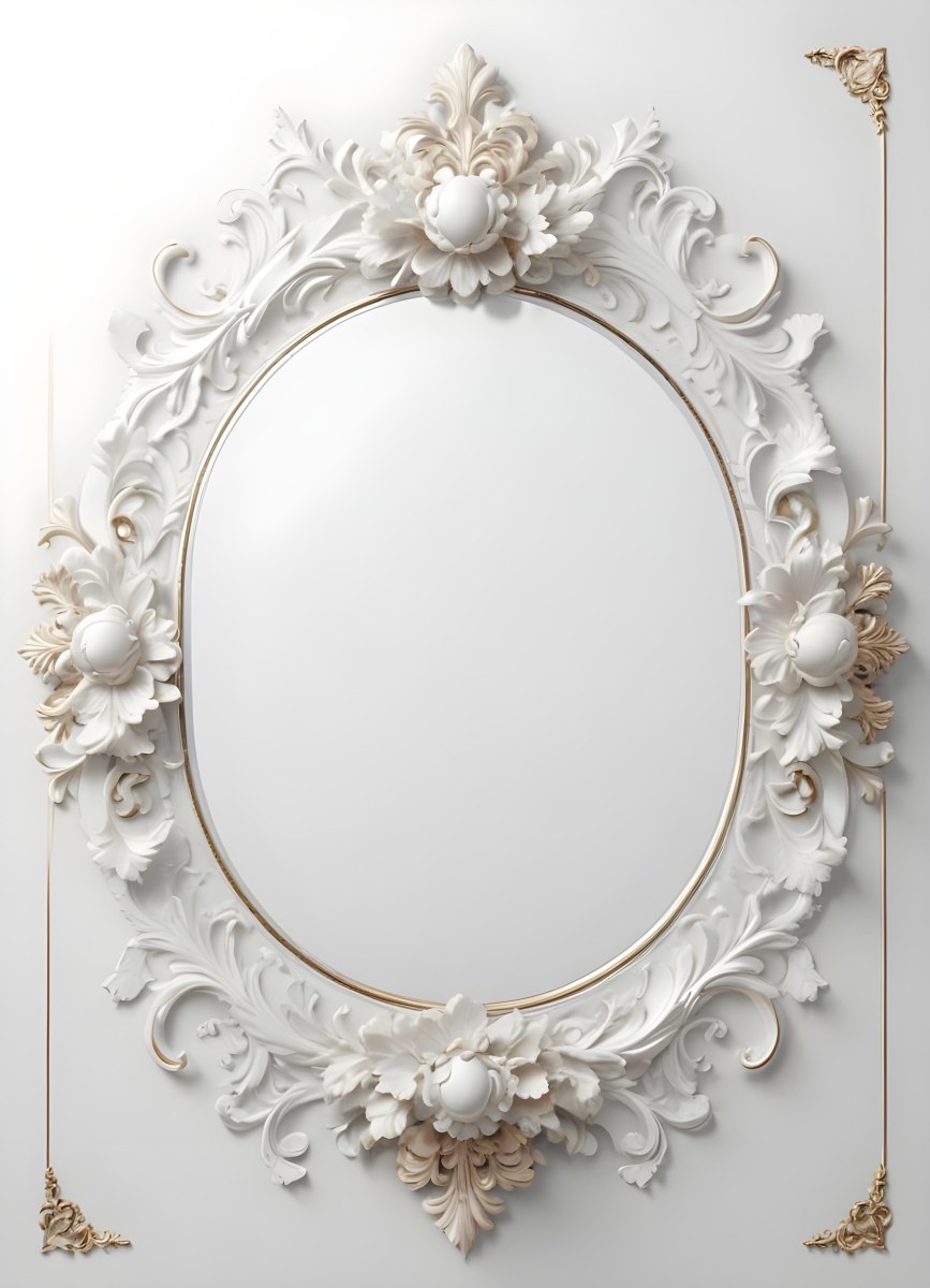 3d Model A White Ornate Oval Mirror With A Decorative Floral Frame Figure Octane Render Volumetric Highly Detailed Videogame Aesthetic 1 895d