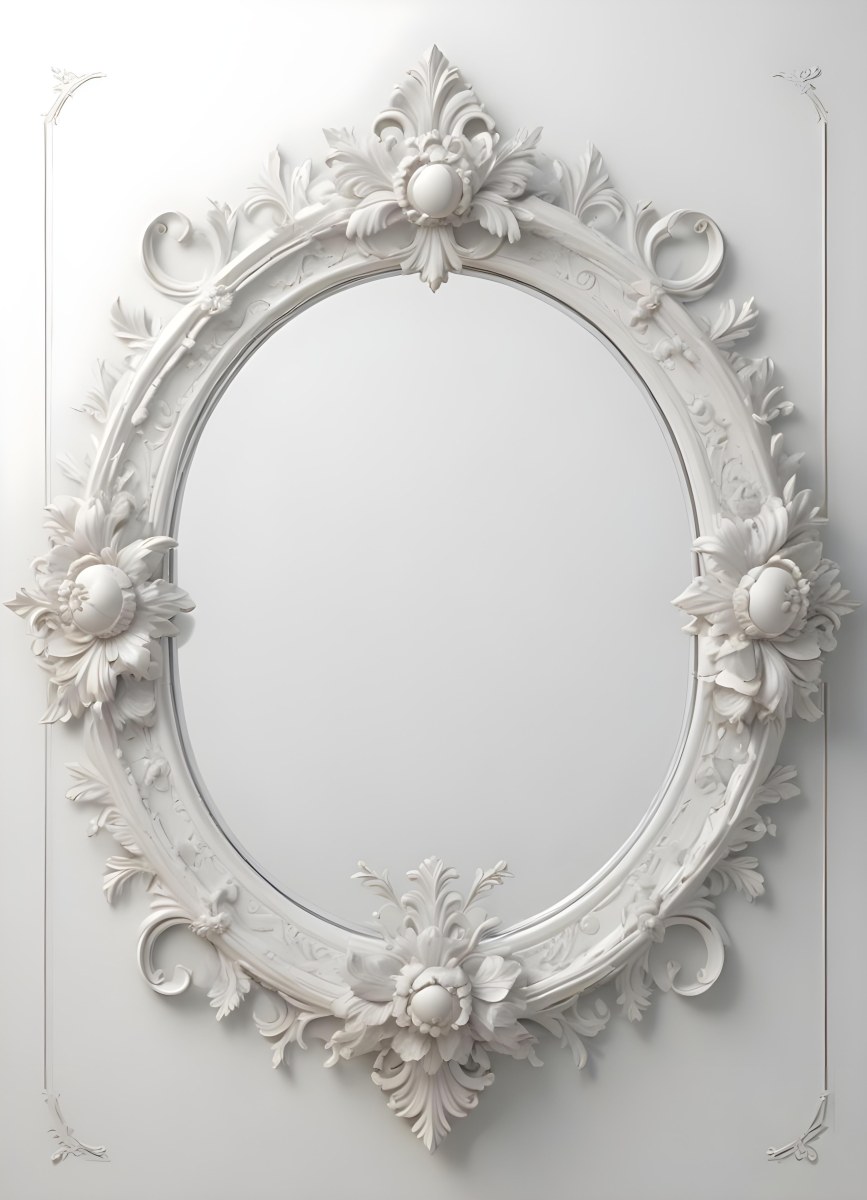3d Model A White Ornate Oval Mirror With A Decorative Floral Frame Figure Octane Render Volumetric Highly Detailed Videogame Aesthetic 15 0ee1
