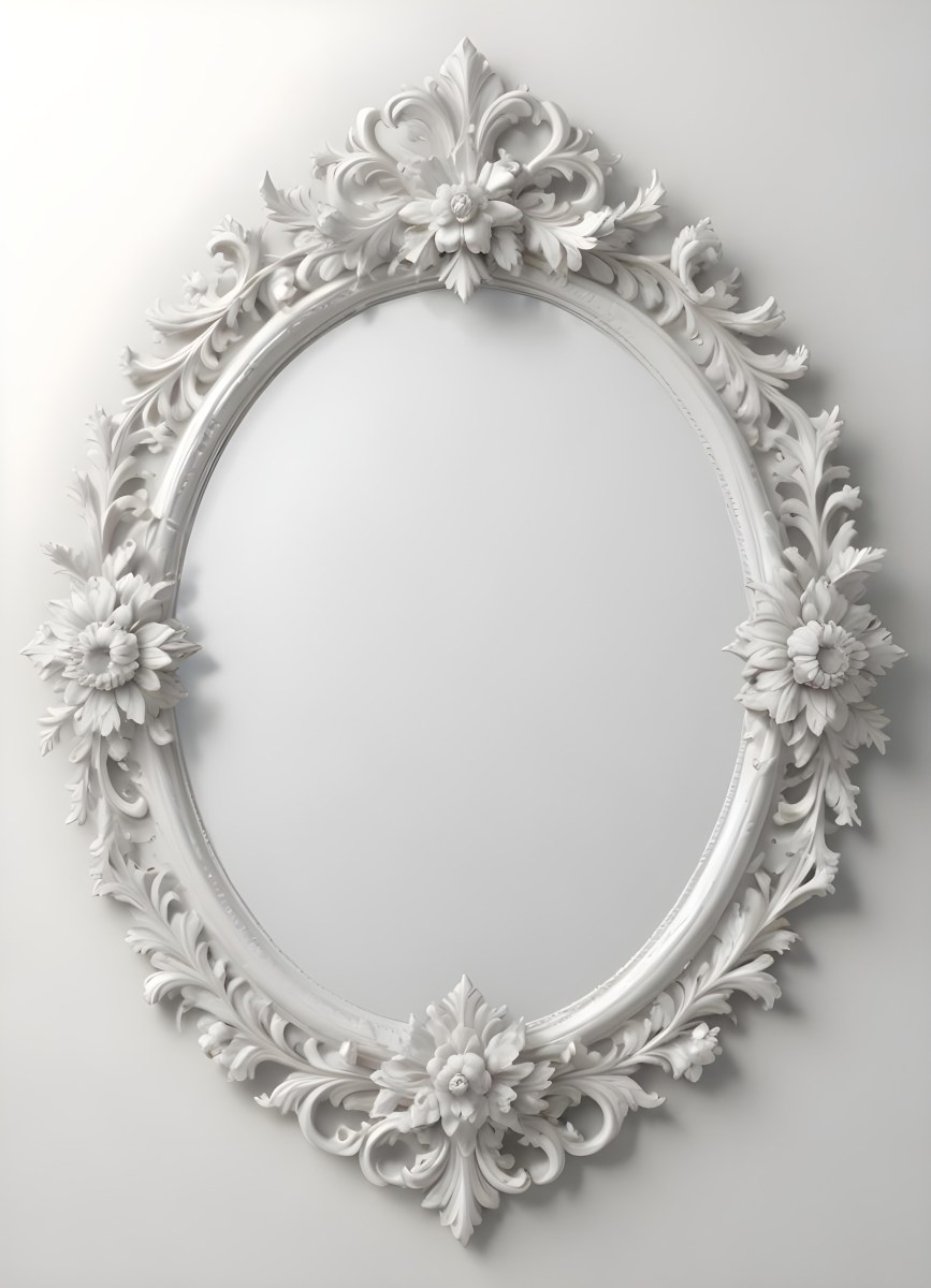 3d Model A White Ornate Oval Mirror With A Decorative Floral Frame Figure Octane Render Volumetric Highly Detailed Videogame Aesthetic 23 3107