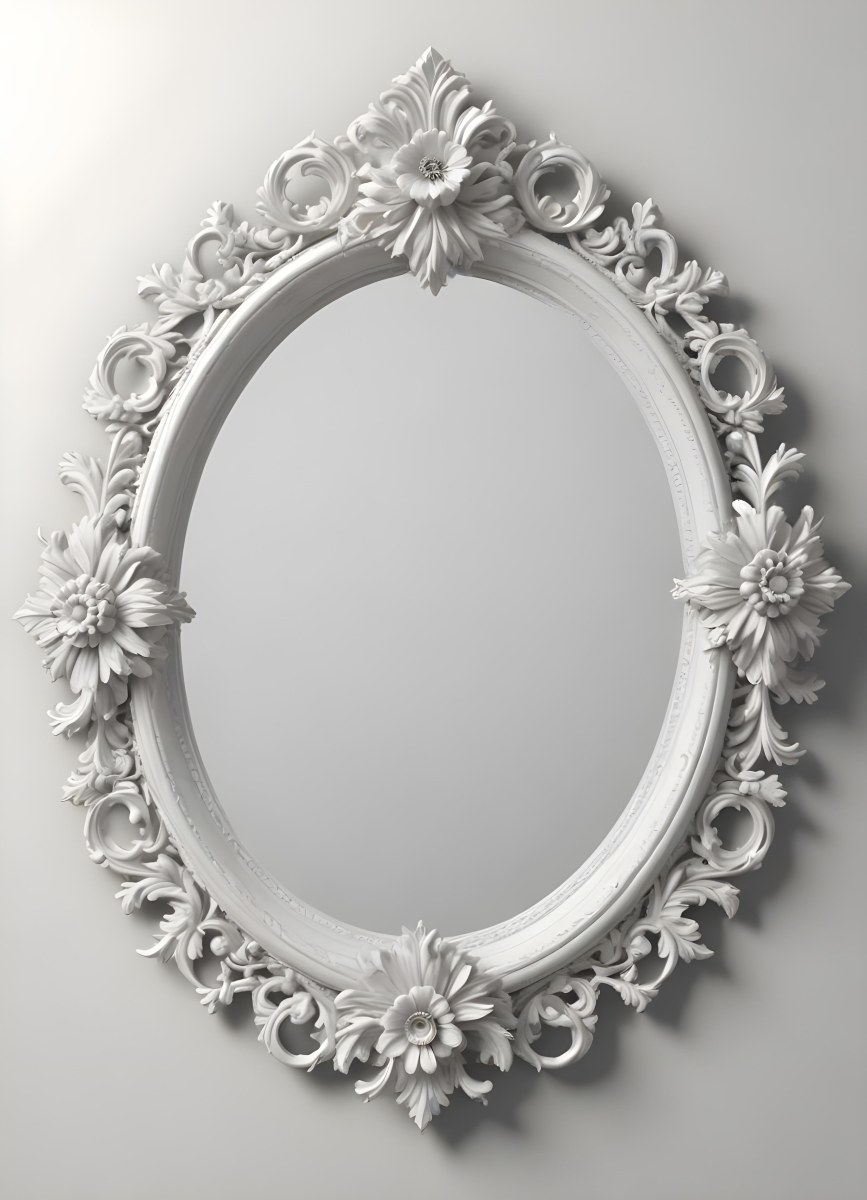 3d Model A White Ornate Oval Mirror With A Decorative Floral Frame Figure Octane Render Volumetric Highly Detailed Videogame Aesthetic 25 D832