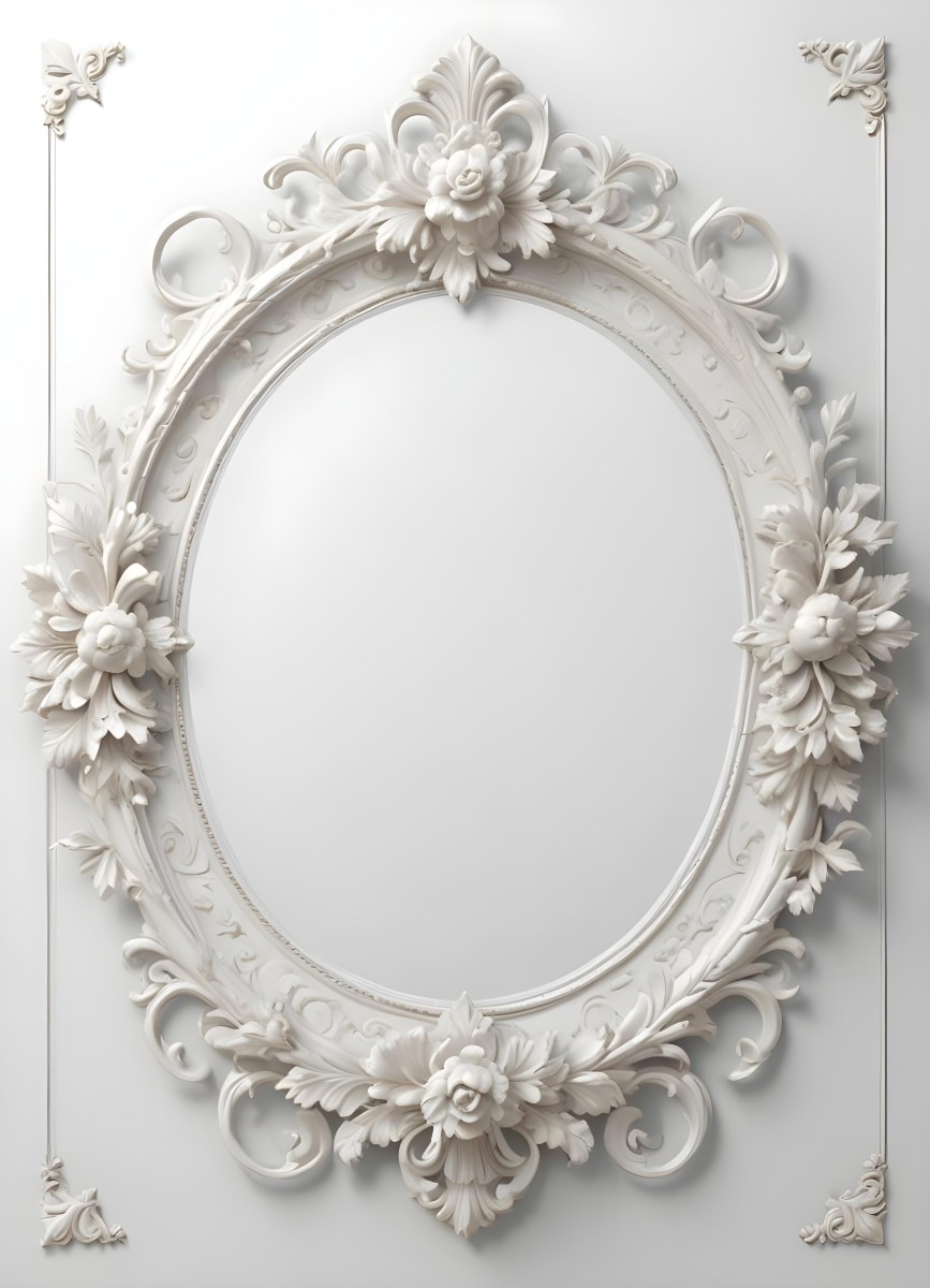 3d Model A White Ornate Oval Mirror With A Decorative Floral Frame Figure Octane Render Volumetric Highly Detailed Videogame Aesthetic 30 9e4e