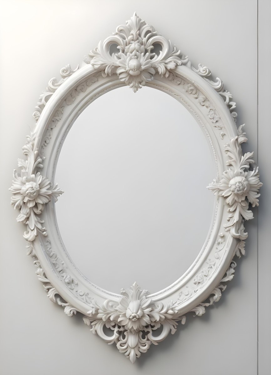 3d Model A White Ornate Oval Mirror With A Decorative Floral Frame Figure Octane Render Volumetric Highly Detailed Videogame Aesthetic 31 72e8