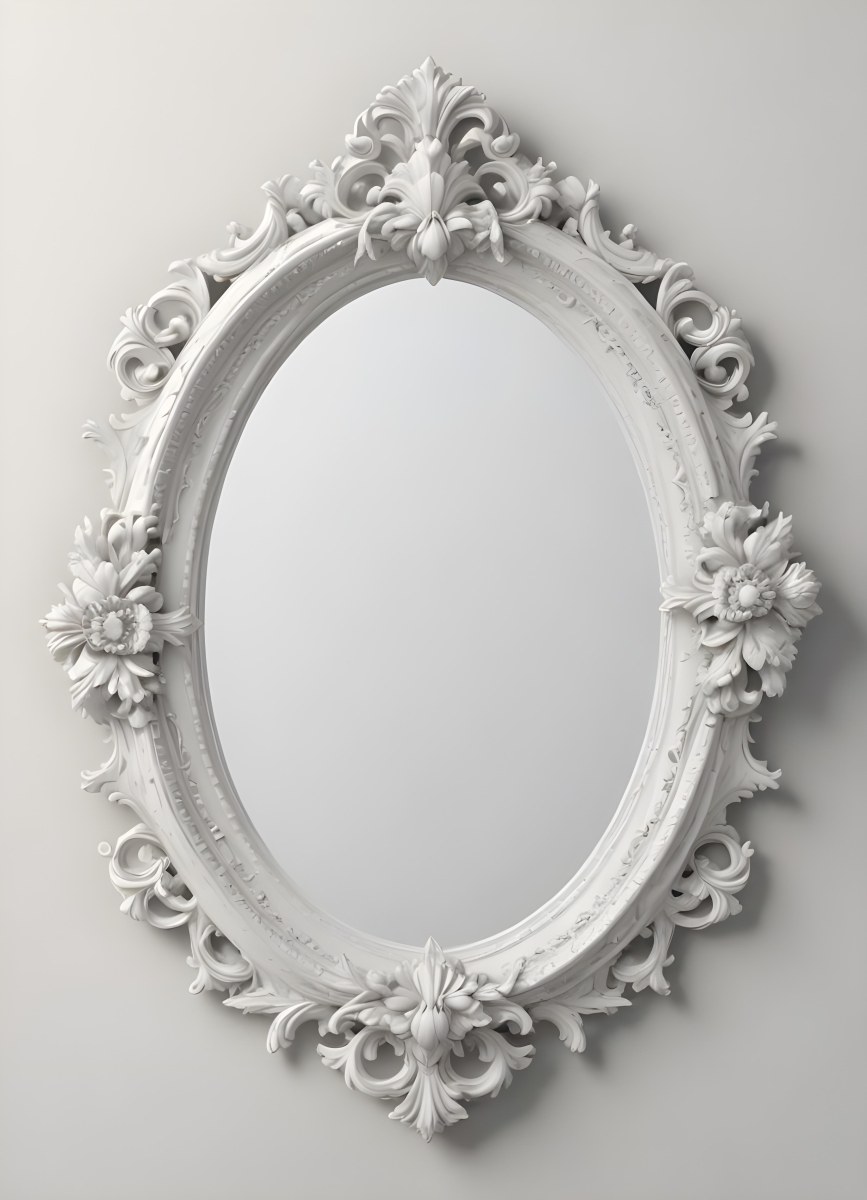 3d Model A White Ornate Oval Mirror With A Decorative Floral Frame Figure Octane Render Volumetric Highly Detailed Videogame Aesthetic 36 F4cd