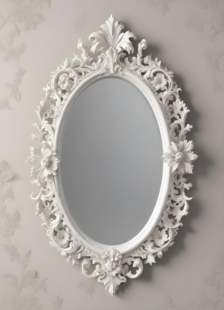 3d Model A White Ornate Oval Mirror With A Decorative Floral Frame Figure Octane Render Volumetric Highly Detailed Videogame Aesthetic 37 Fddd