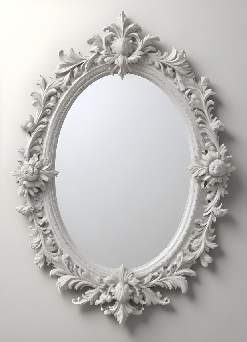 3d Model A White Ornate Oval Mirror With A Decorative Floral Frame Figure Octane Render Volumetric Highly Detailed Videogame Aesthetic 38 891f