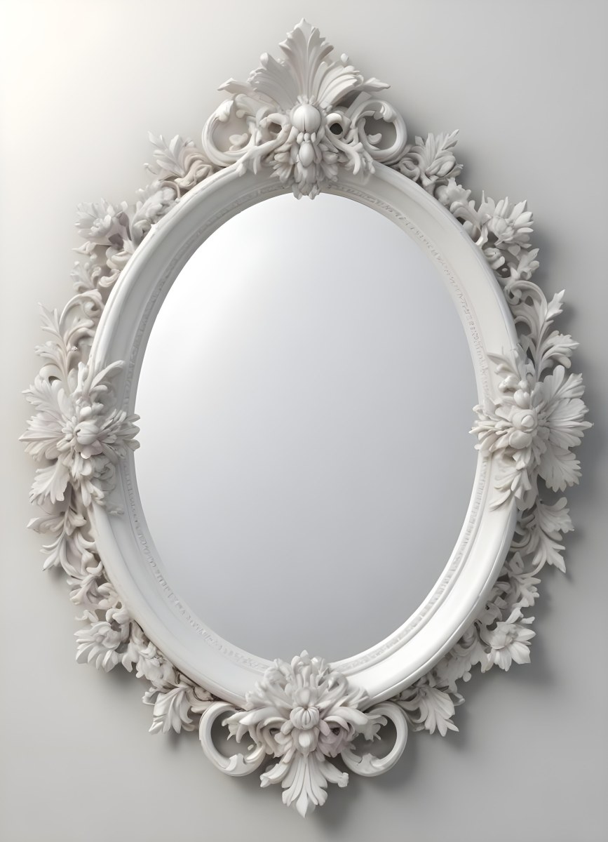 3d Model A White Ornate Oval Mirror With A Decorative Floral Frame Figure Octane Render Volumetric Highly Detailed Videogame Aesthetic 39 0956