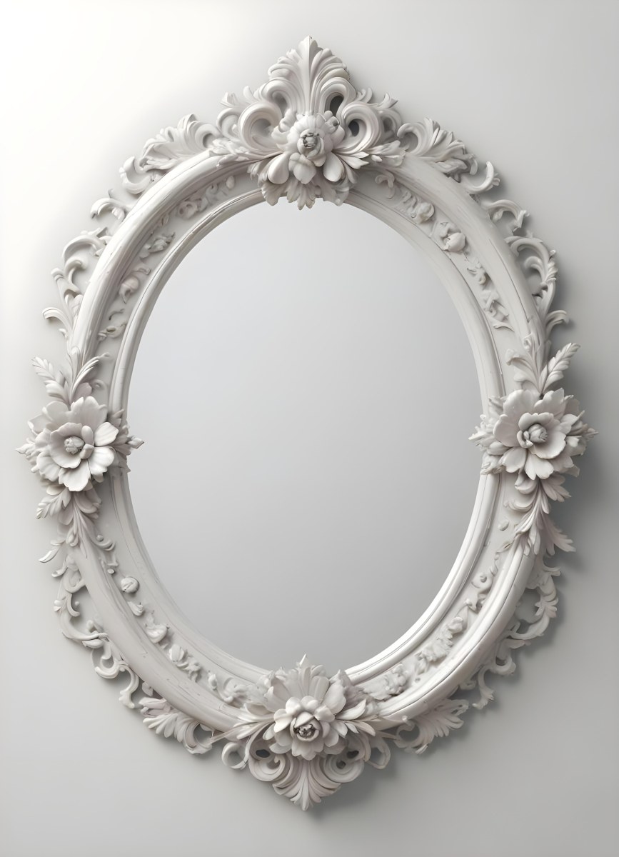 3d Model A White Ornate Oval Mirror With A Decorative Floral Frame Figure Octane Render Volumetric Highly Detailed Videogame Aesthetic 4 Ee71