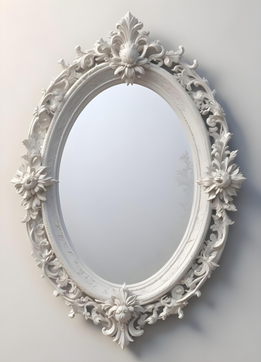 3d Model A White Ornate Oval Mirror With A Decorative Floral Frame Figure Octane Render Volumetric Highly Detailed Videogame Aesthetic 40 Ac9c