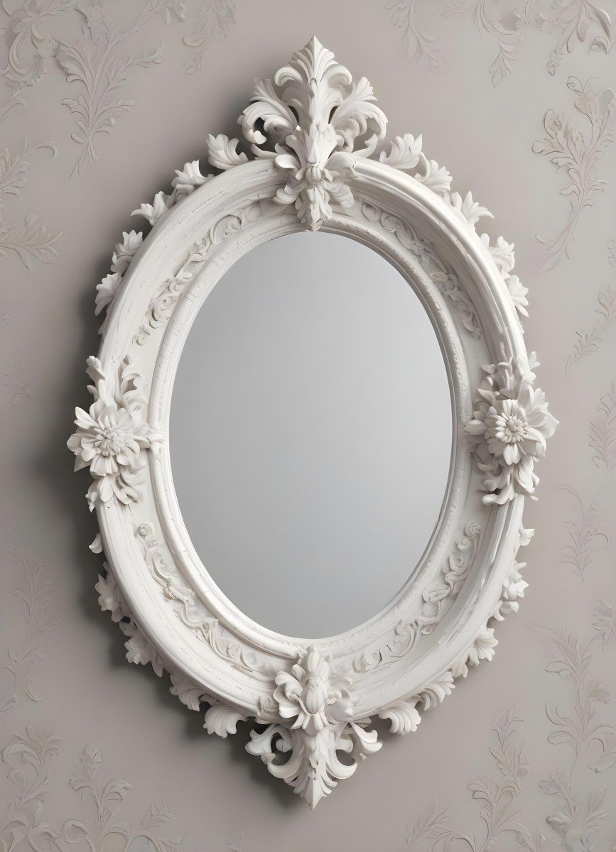 3d Model A White Ornate Oval Mirror With A Decorative Floral Frame Figure Octane Render Volumetric Highly Detailed Videogame Aesthetic 41 Cfb8