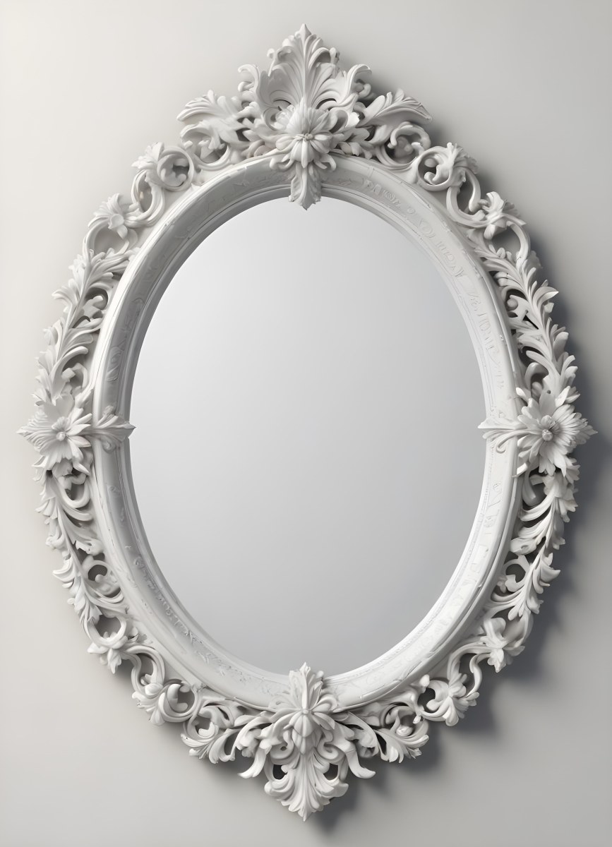 3d Model A White Ornate Oval Mirror With A Decorative Floral Frame Figure Octane Render Volumetric Highly Detailed Videogame Aesthetic 5 153e