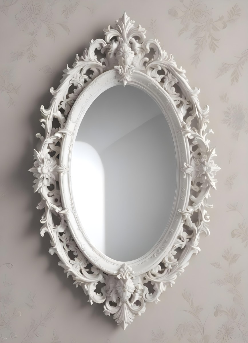 3d Model A White Ornate Oval Mirror With A Decorative Floral Frame Figure Octane Render Volumetric Highly Detailed Videogame Aesthetic 6 785c