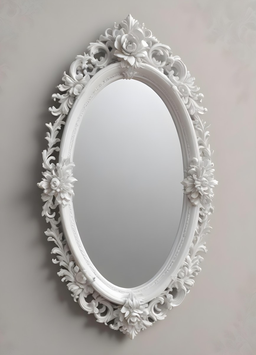 3d Model A White Ornate Oval Mirror With A Decorative Floral Frame Figure Octane Render Volumetric Highly Detailed Videogame Aesthetic 7 48c1