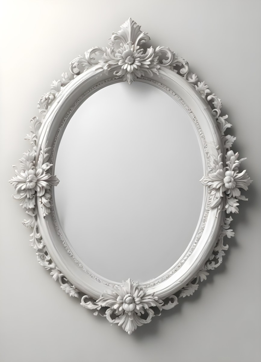3d Model A White Ornate Oval Mirror With A Decorative Floral Frame Figure Octane Render Volumetric Highly Detailed Videogame Aesthetic 8 F0b5