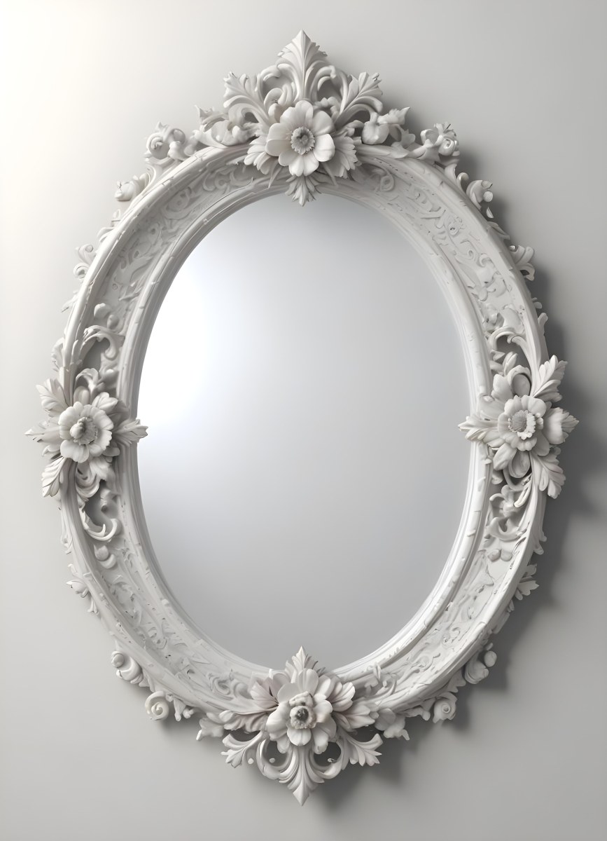 3d Model A White Ornate Oval Mirror With A Decorative Floral Frame Figure Octane Render Volumetric Highly Detailed Videogame Aesthetic 9 666f