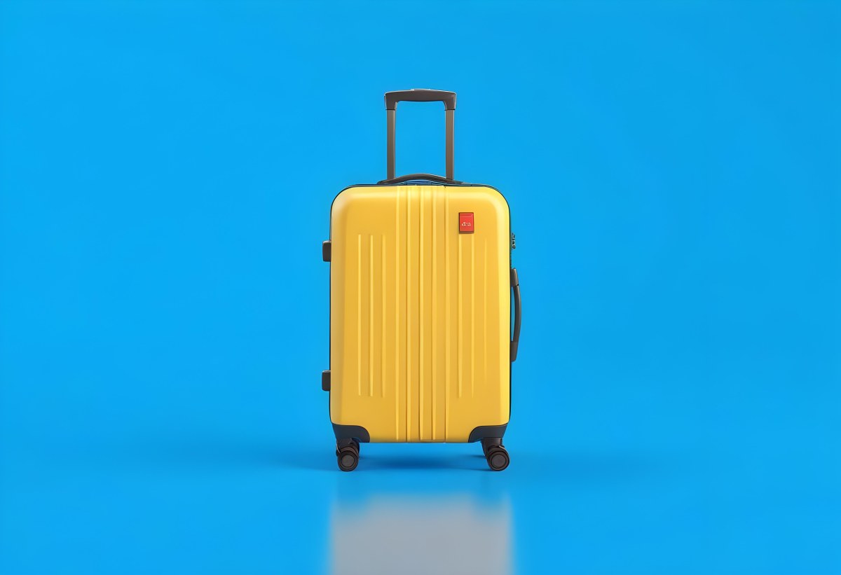3d Model A Yellow Suitcase With A Handle Extended Standing Upright On A Blue Background Minimalist Design Bright Colors Clean And Simple Composition Travel Concept Figure Octane Render Volumetric Highly Detailed 71 6e82