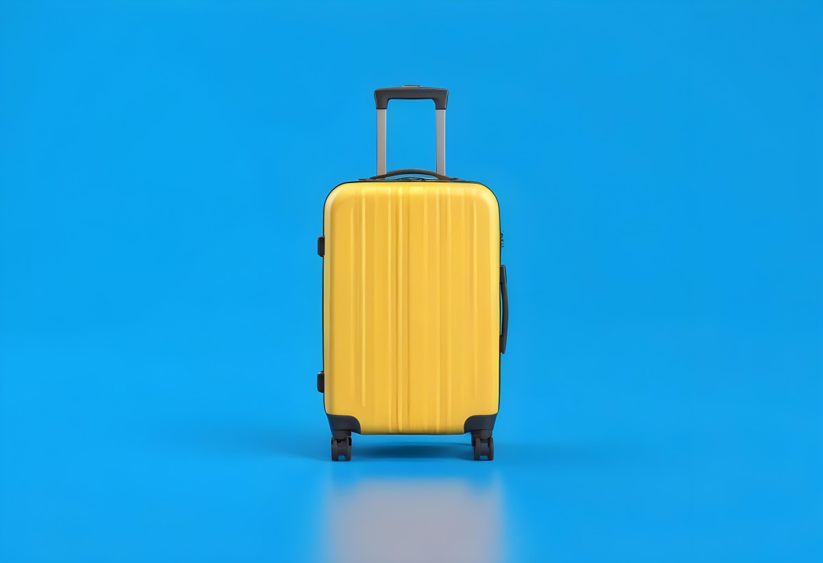 3d Model A Yellow Suitcase With A Handle Extended Standing Upright On A Blue Background Minimalist Design Bright Colors Clean And Simple Composition Travel Concept Figure Octane Render Volumetric Highly Detailed 72 09d6