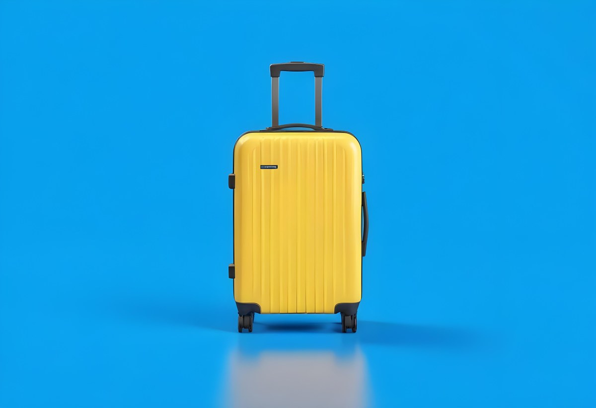 3d Model A Yellow Suitcase With A Handle Extended Standing Upright On A Blue Background Minimalist Design Bright Colors Clean And Simple Composition Travel Concept Figure Octane Render Volumetric Highly Detailed 73 3bbf
