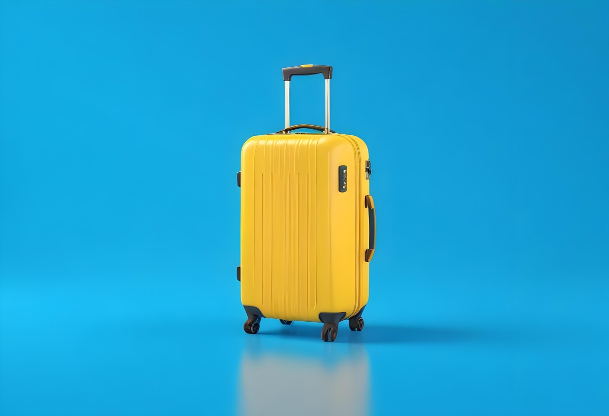 3d Model A Yellow Suitcase With A Handle Extended Standing Upright On A Blue Background Minimalist Design Bright Colors Clean And Simple Composition Travel Concept Figure Octane Render Volumetric Highly Detailed 8 Fe15