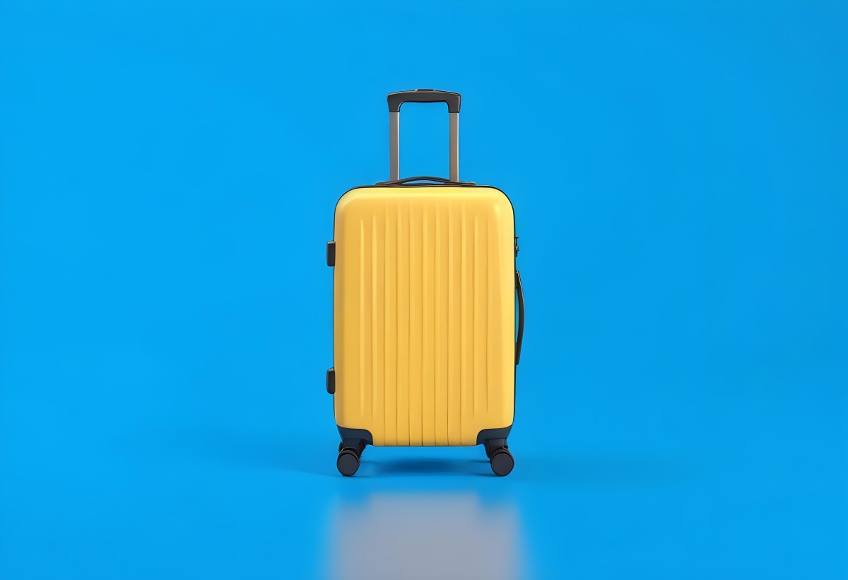 3d Model A Yellow Suitcase With A Handle Extended Standing Upright On A Blue Background Minimalist Design Bright Colors Clean And Simple Composition Travel Concept Figure Octane Render Volumetric Highly Detailed 9 17b6