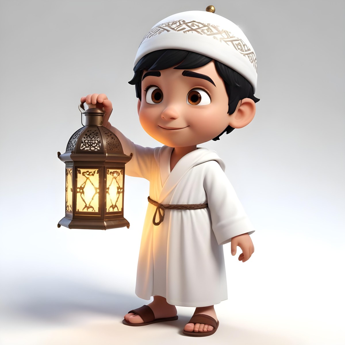 3d Model An Arab Boy Age 6 Black Hair Holding A Ramadan Lantern Wearing A White Robe And A White Cap White Background Figure Octane Render Volumetric Highly Detailed Videogame Aesthetic 6 2214