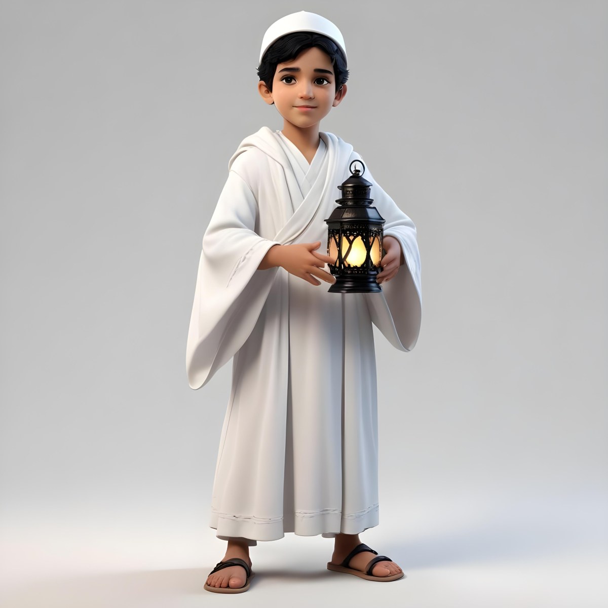 3d Model An Arab Boy Age 6 Black Hair Holding A Ramadan Lantern Wearing A White Robe And A White Cap White Background Figure Octane Render Volumetric Highly Detailed Videogame Aesthetic 7 37ea