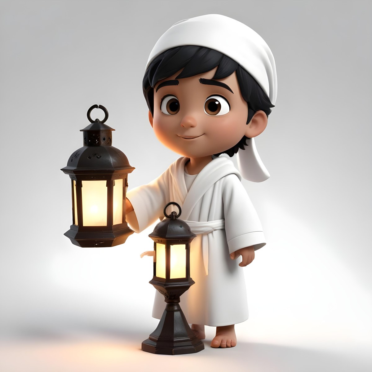 3d Model An Arab Boy Age 6 Black Hair Holding A Ramadan Lantern Wearing A White Robe And A White Cap White Background Figure Octane Render Volumetric Highly Detailed Videogame Aesthetic 8 6520