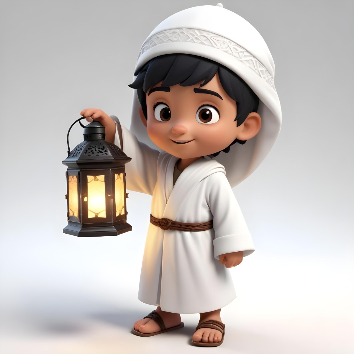 3d Model An Arab Boy Age 6 Black Hair Holding A Ramadan Lantern Wearing A White Robe And A White Cap White Background Figure Octane Render Volumetric Highly Detailed Videogame Aesthetic 9 Db22