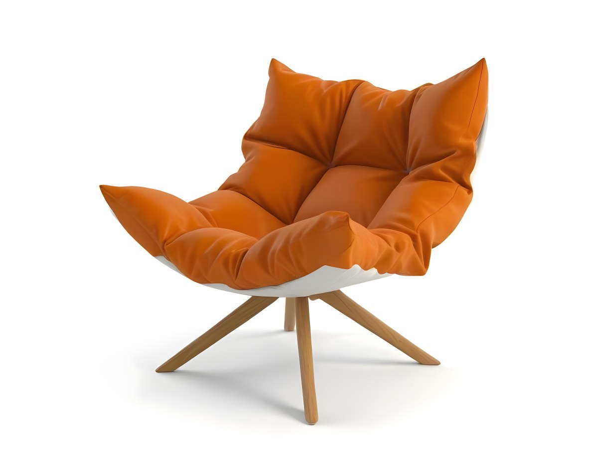 3d Model An White Cushion Chair With A Orange Base And Wooden Legs Isolated On A White Background Figure Octane Render Volumetric Highly Detailed Videogame Aesthetic 11 B77d