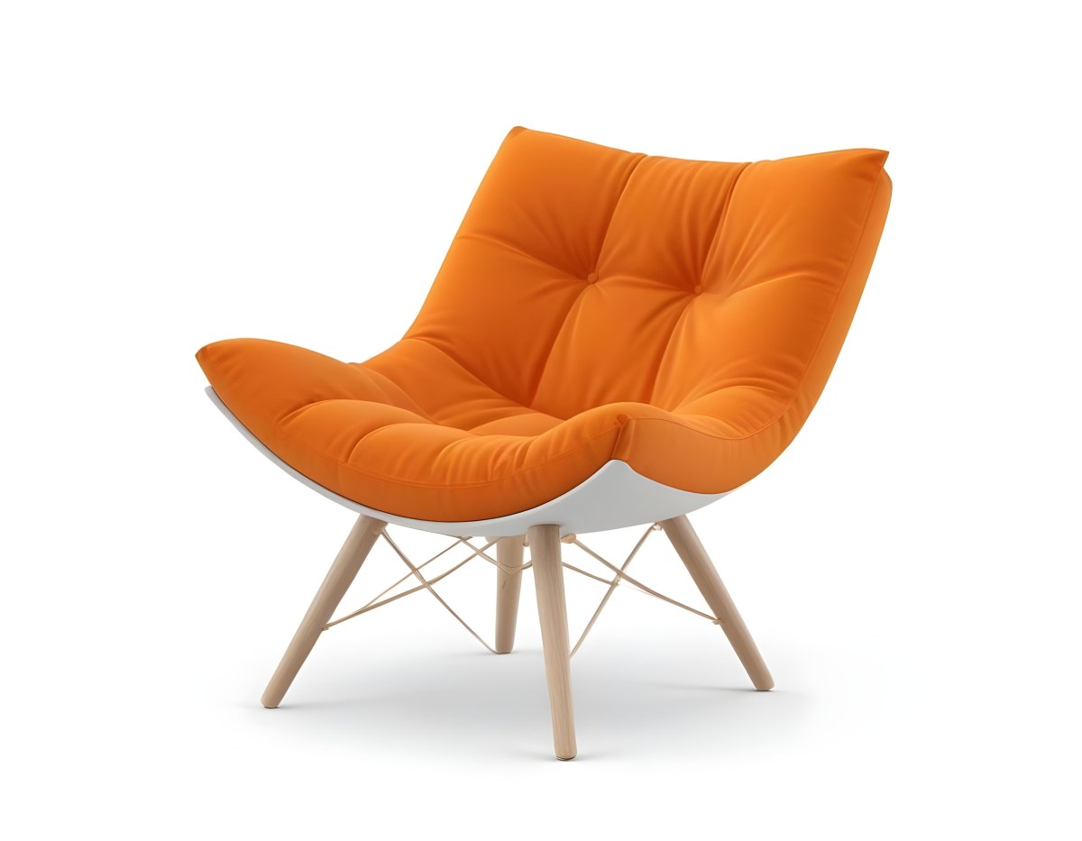 3d Model An White Cushion Chair With A Orange Base And Wooden Legs Isolated On A White Background Figure Octane Render Volumetric Highly Detailed Videogame Aesthetic 20 9ca2