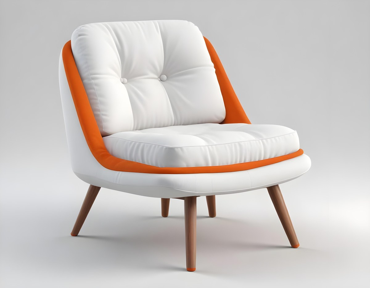 3d Model An White Cushion Chair With A Orange Base And Wooden Legs Isolated On A White Background Figure Octane Render Volumetric Highly Detailed Videogame Aesthetic 24 E72d