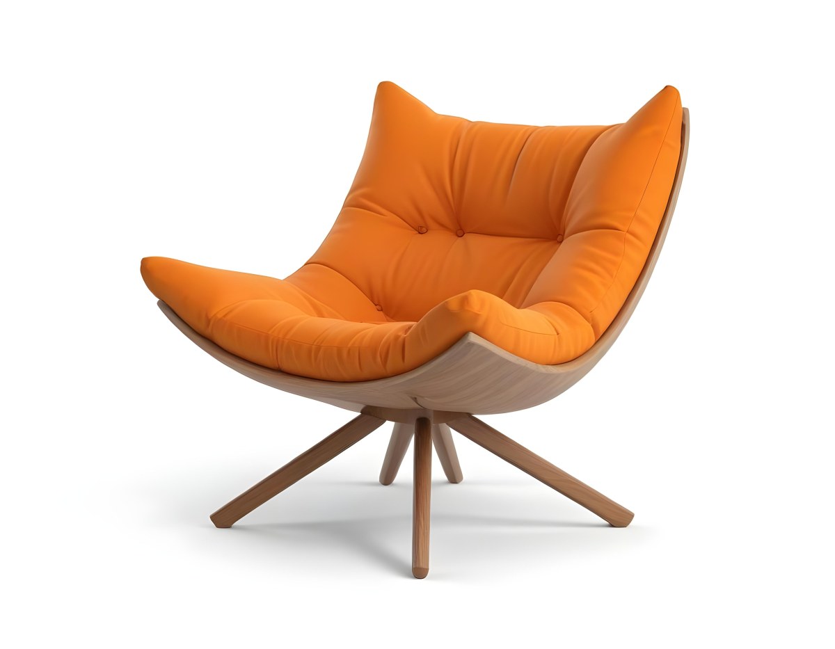 3d Model An White Cushion Chair With A Orange Base And Wooden Legs Isolated On A White Background Figure Octane Render Volumetric Highly Detailed Videogame Aesthetic 32 4304