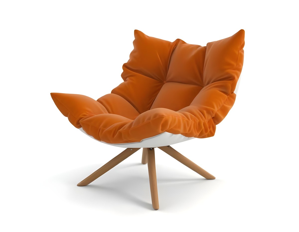 3d Model An White Cushion Chair With A Orange Base And Wooden Legs Isolated On A White Background Figure Octane Render Volumetric Highly Detailed Videogame Aesthetic 4 0c6b