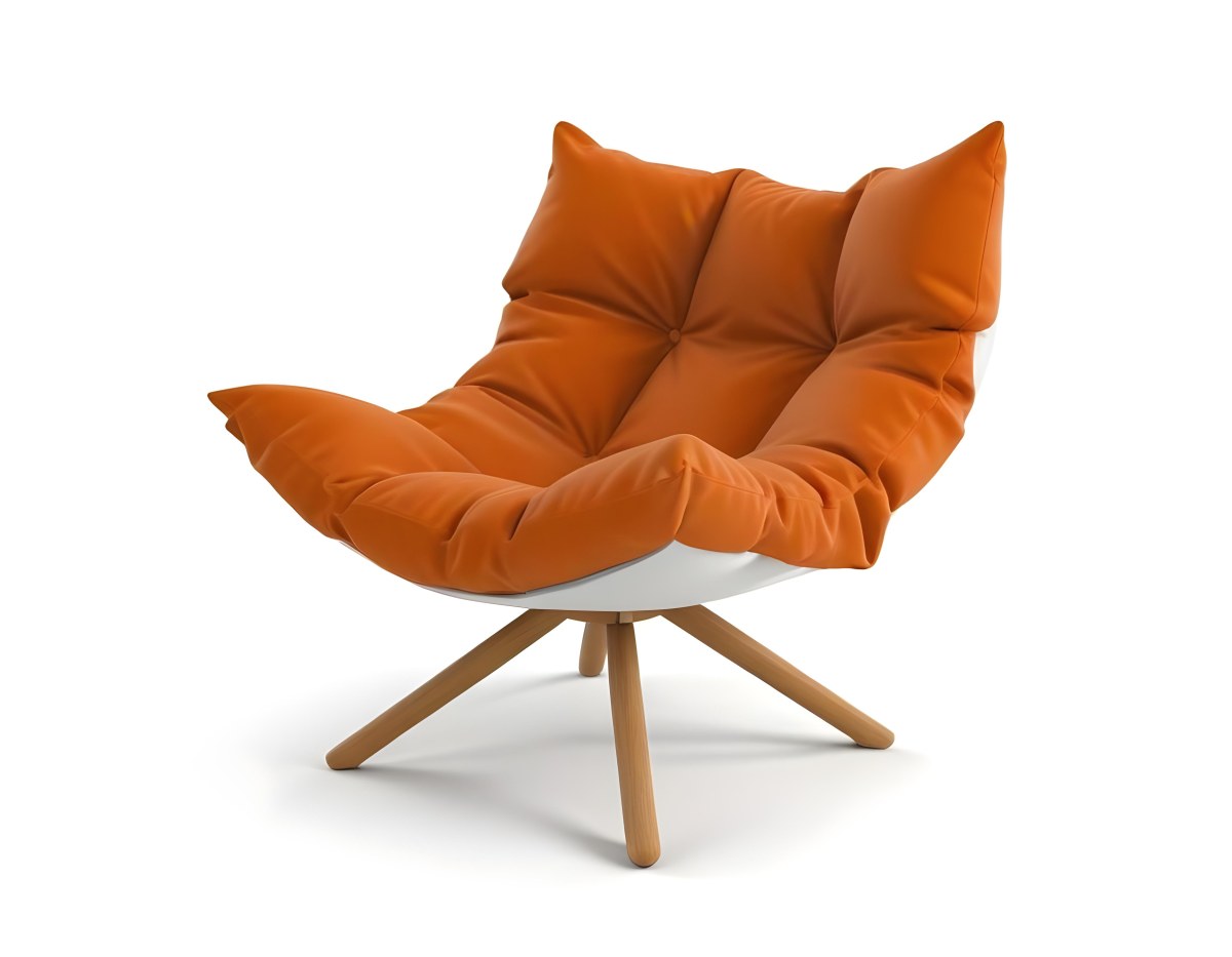 3d Model An White Cushion Chair With A Orange Base And Wooden Legs Isolated On A White Background Figure Octane Render Volumetric Highly Detailed Videogame Aesthetic 7 8870