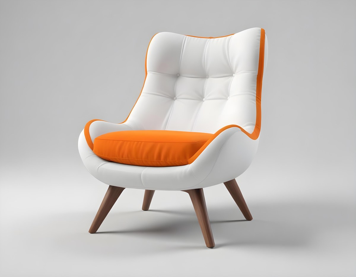 3d Model An White Cushion Chair With A Orange Base And Wooden Legs Isolated On A White Background Figure Octane Render Volumetric Highly Detailed Videogame Aesthetic 8 0b3b