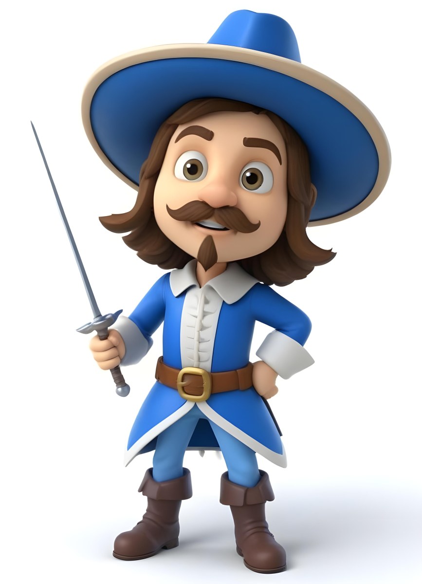 3d Model Cartoon Of A White Man 30 Years Old With Brown Hair Mustache And Goatee Wearing A White Musketeer Suit And Hat Holding A Sword White Background Figure Octane Render Volumetric Highly Detailed Videoga 13 29c0