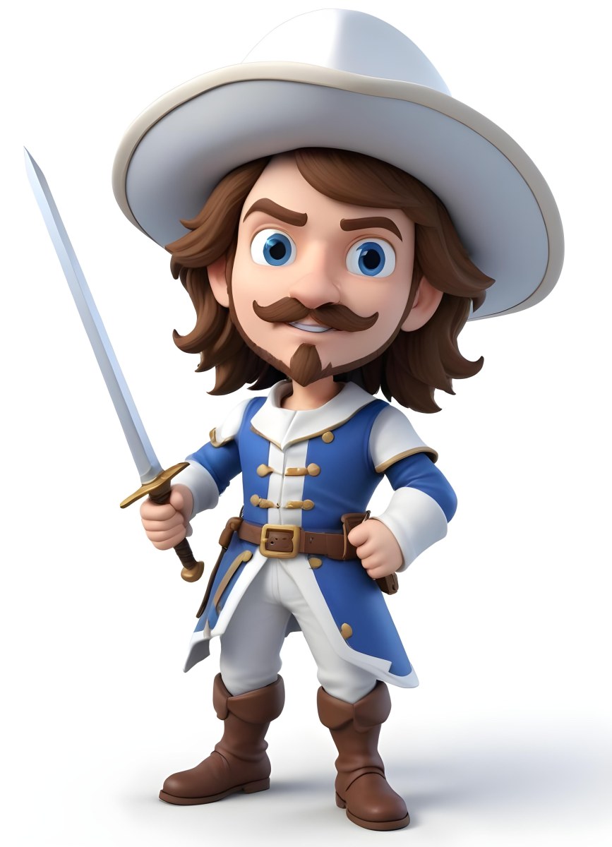 3d Model Cartoon Of A White Man 30 Years Old With Brown Hair Mustache And Goatee Wearing A White Musketeer Suit And Hat Holding A Sword White Background Figure Octane Render Volumetric Highly Detailed Videoga 3 E81a