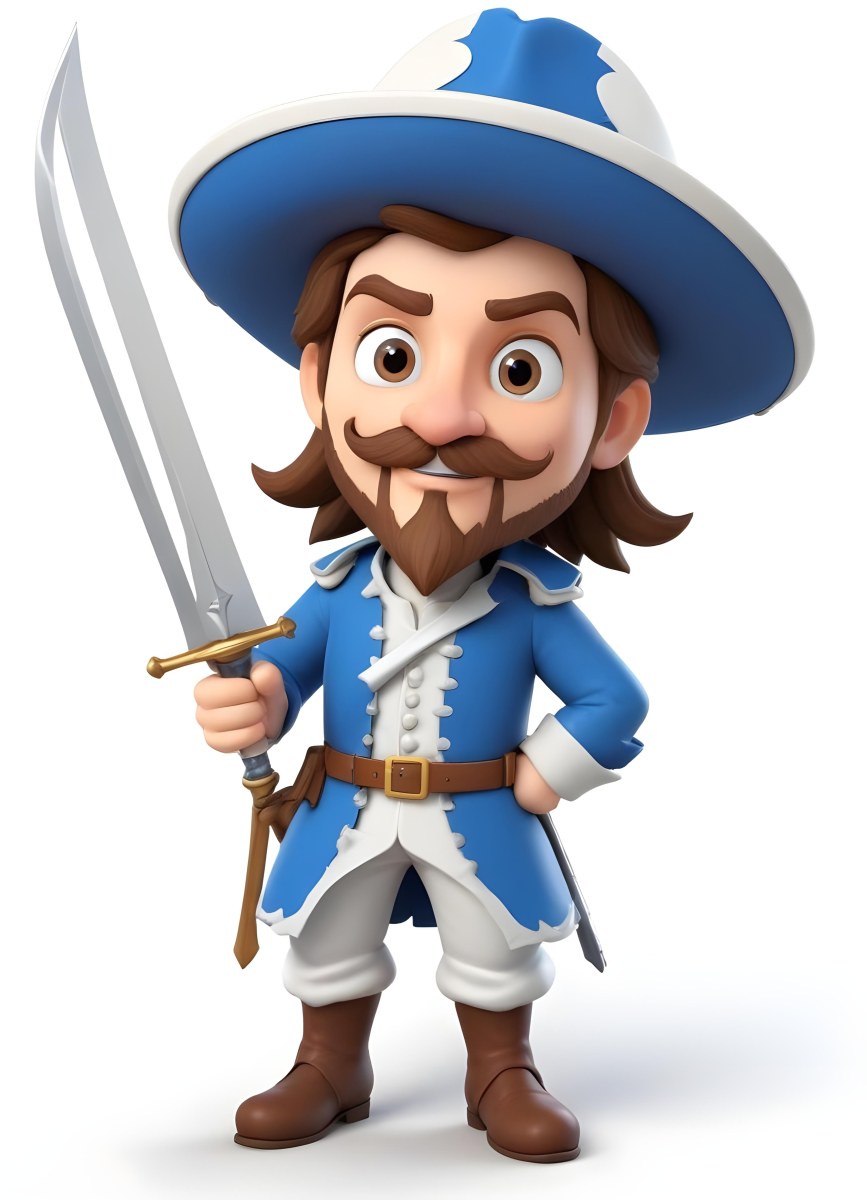 3d Model Cartoon Of A White Man 30 Years Old With Brown Hair Mustache And Goatee Wearing A White Musketeer Suit And Hat Holding A Sword White Background Figure Octane Render Volumetric Highly Detailed Videoga 4 5540